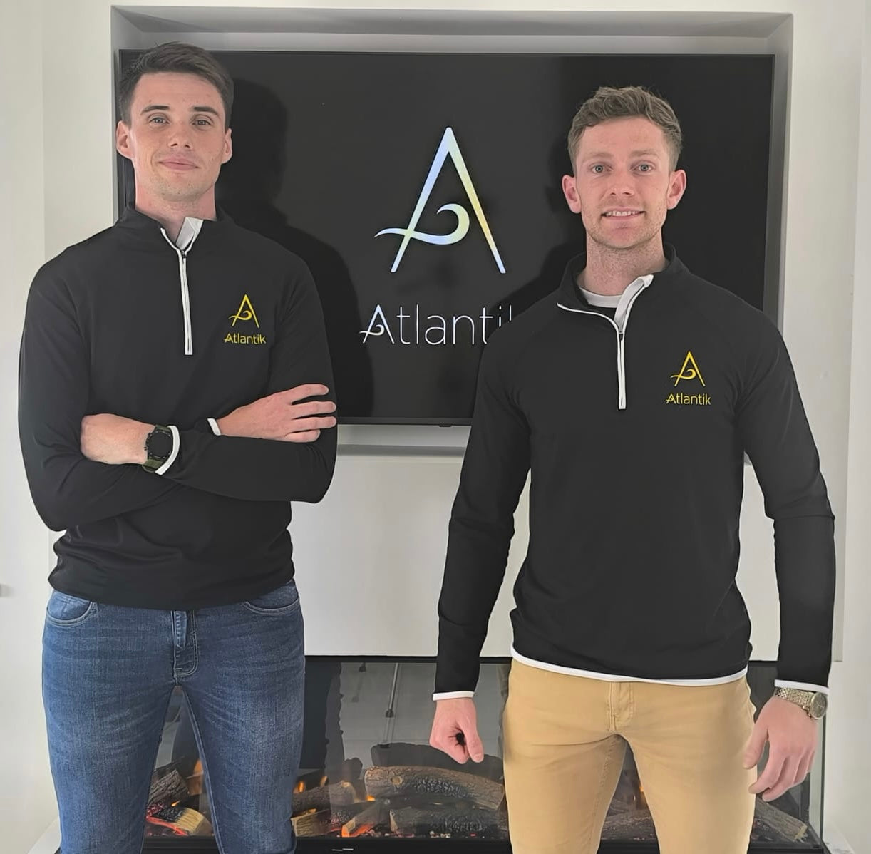 Atlantik Body Care Ireland, Co Founders Standing in Front of Atlantik Logo Center,Natural Skin Care 