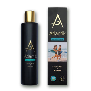 Atlantik Body Armour Body Wash Bottle and Box with White Background, Natural Skin Care