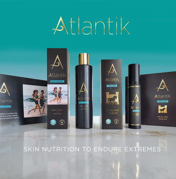 Atlantik Body Care Ireland Body Armour Body Wash and Trojan Healing Serum Box & Bottle, Natural Skin Care Turquoise Background