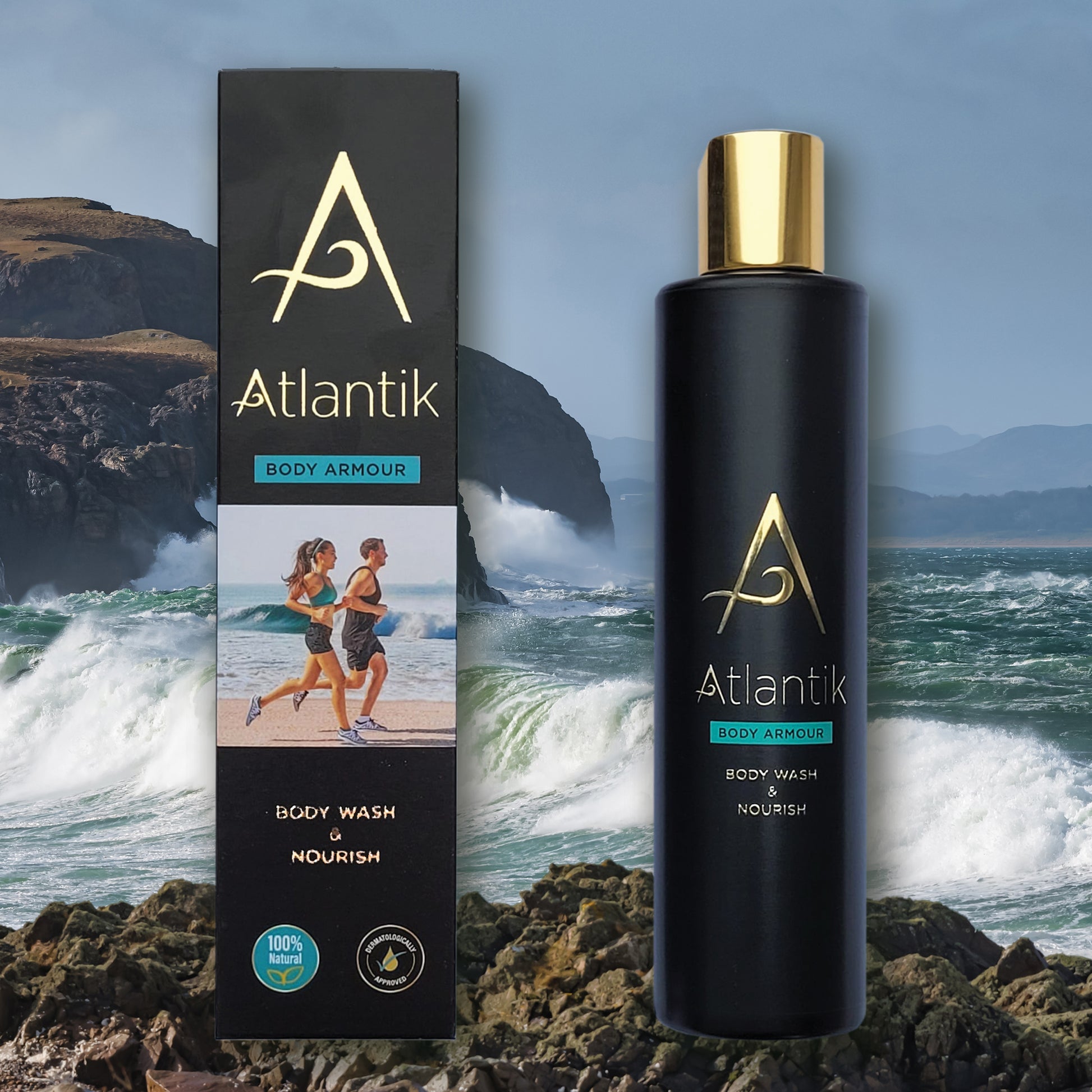 Atlantik Body Armour Body Wash Bottle and Box on Rocks with Splashing Waves Behind, Natural Skin Care