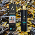 Atlantik Body Armour Body Wash Bottle and Box with Black and Yellow Seaweed as the background, Natural Skin Care