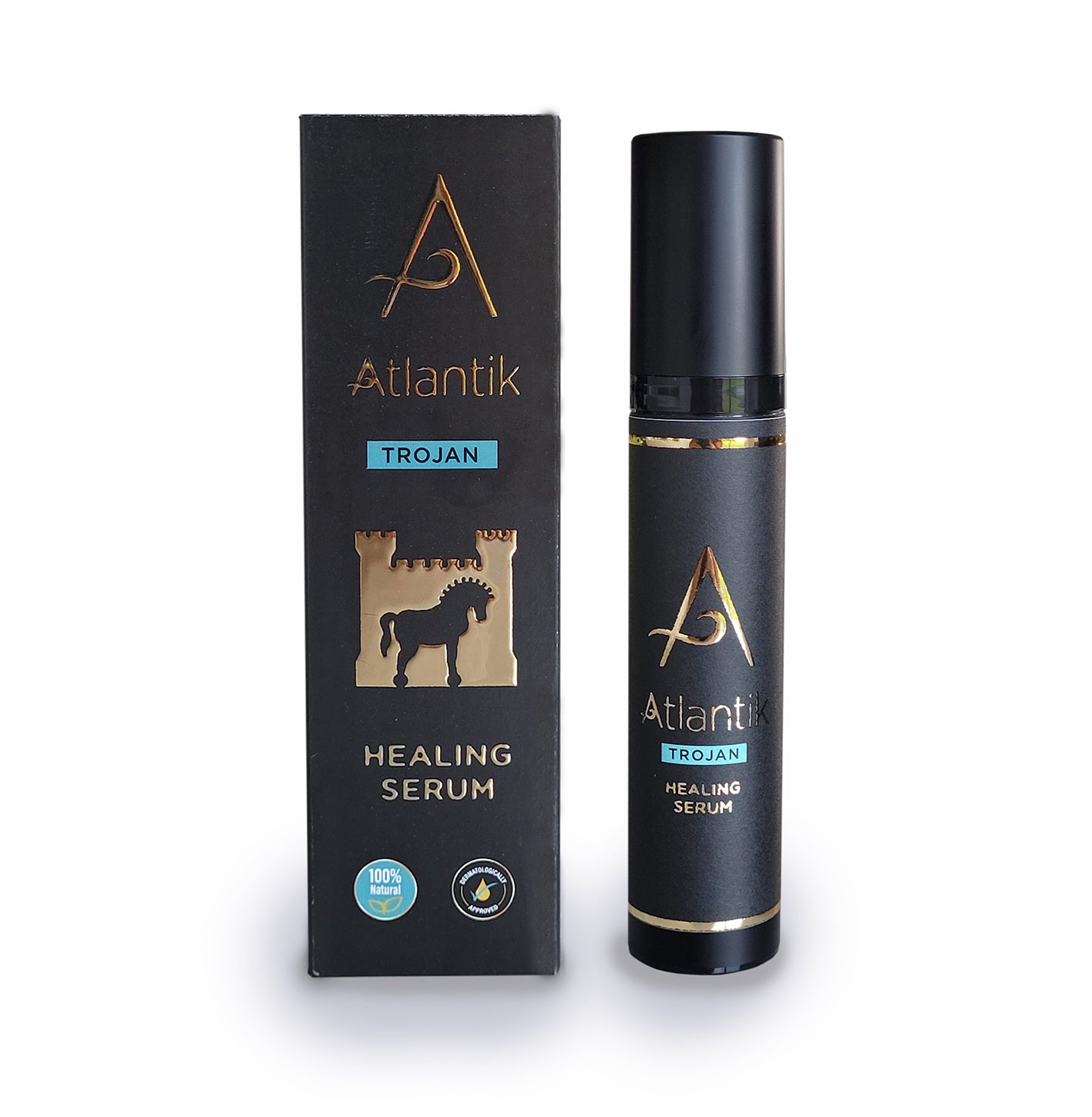 Atlantik Body Care Ireland Trojan Healing Serum Box & Bottle, Center of Trojan White Background, Natural Skin Care 